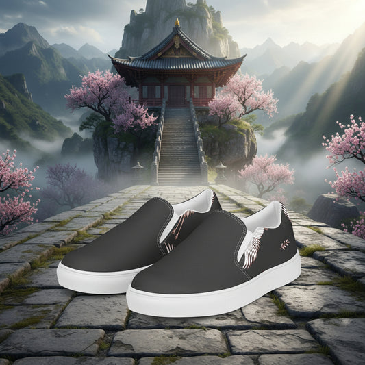Black Crane Two Tone Slip-on Canvas Shoes featured against a serene mountain backdrop