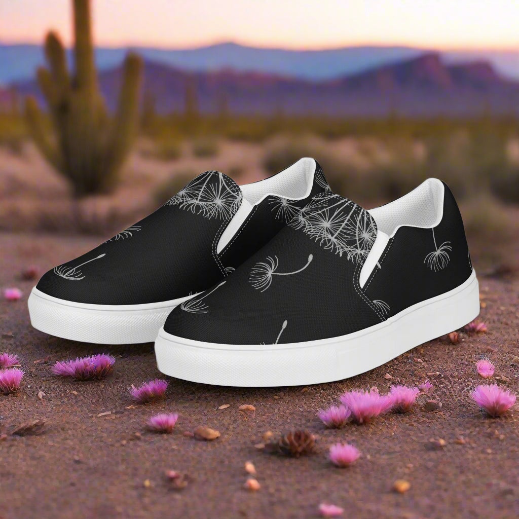 Black Dandelion Floral Print Slip-on Canvas Shoes designed for stylish comfort and casual wear