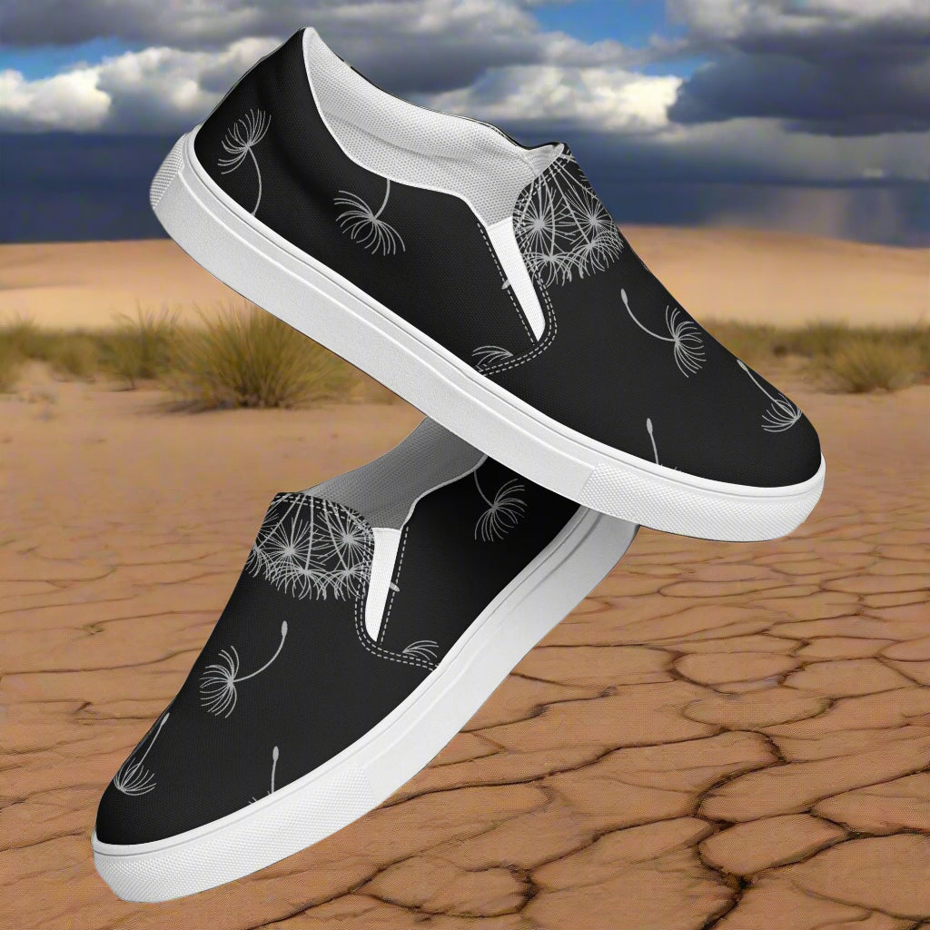 Black Dandelion Floral Print Slip-on Canvas Shoes featuring a modern design for casual wear