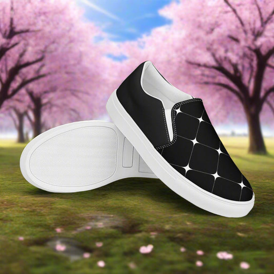 Black Diamond Halftone Slip-on Canvas Shoes featuring a sleek design with white sole against a scenic background