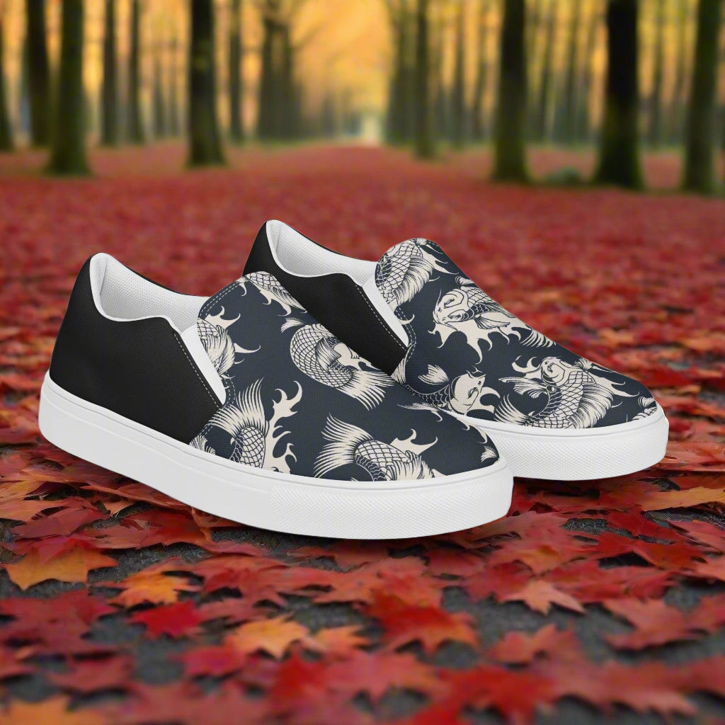 Black Koi Halftone Slip-on Canvas Shoes featuring a stylish koi fish design on a dark background