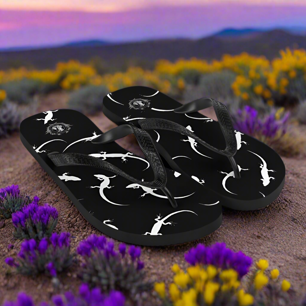 Stylish black lizard print flip-flops from WildSage Market designed for comfort and casual wear