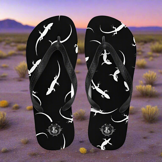 Black lizard print flip-flops with comfortable straps from WildSage Market for stylish summer wear