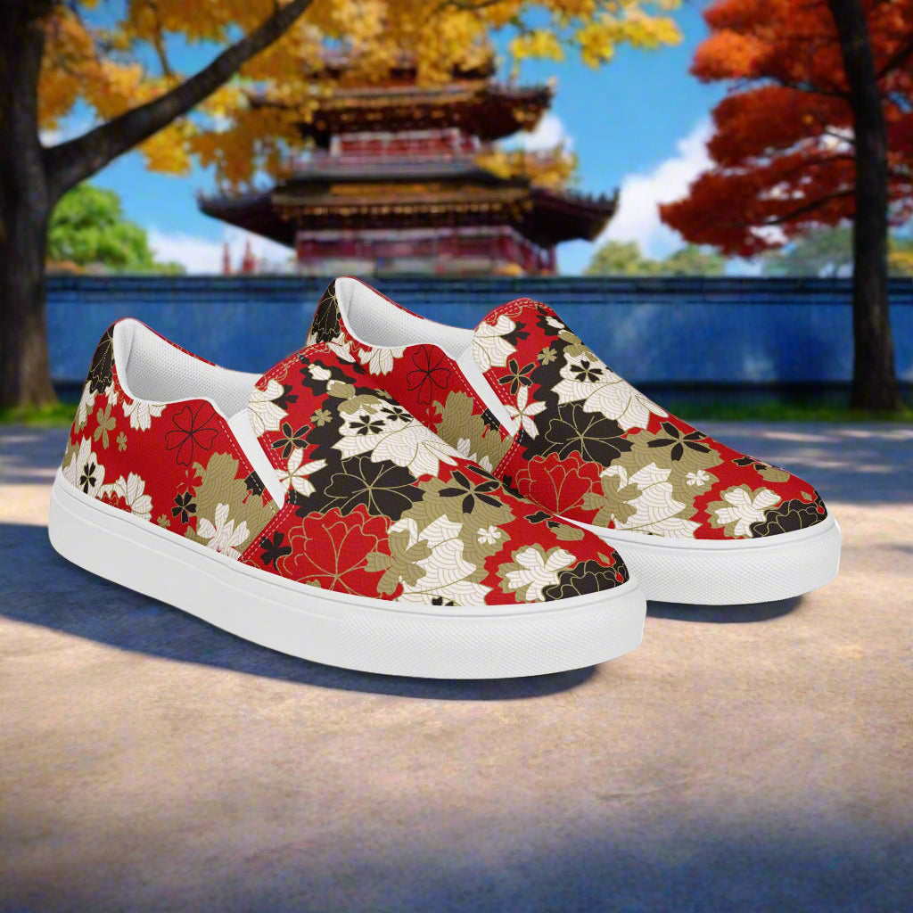 Black Lotus floral print womens slip on canvas shoes by WildSage Market with red and white flower design