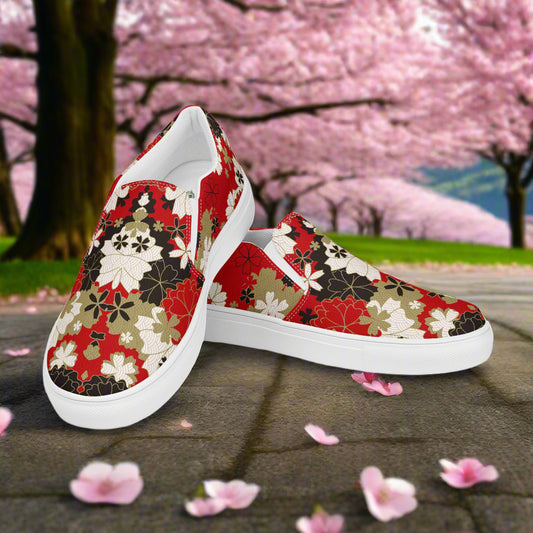 Black Lotus floral print womens slip on canvas shoes by WildSage Market with vibrant red and white flower design