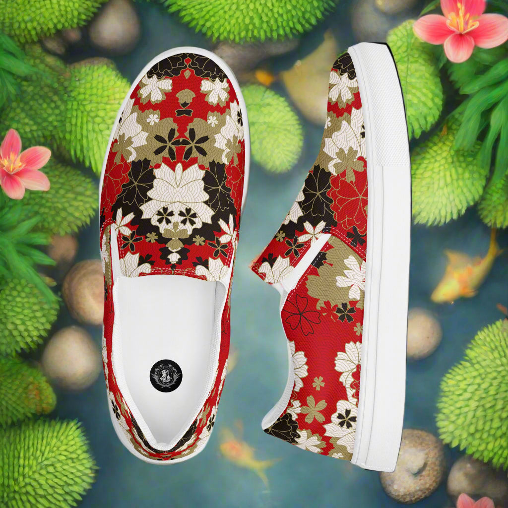 Black Lotus floral print womens slip on canvas shoes from WildSage Market with red and white flower design