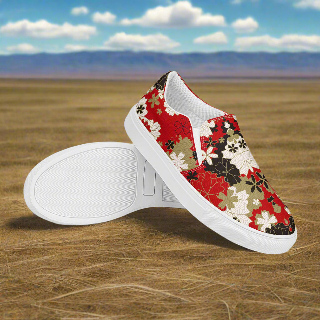 Black Lotus floral print womens slip on canvas shoes by WildSage Market with red white and black pattern