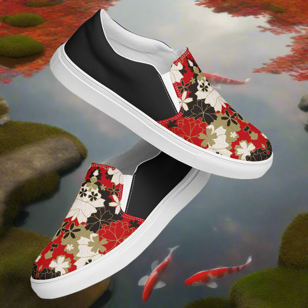 Black Lotus Halftone Slip-on Canvas Shoes featuring a floral design on a stylish black background