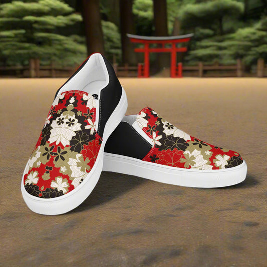 Black Lotus Halftone Slip-on Canvas Shoes with Floral Design for Stylish Comfort