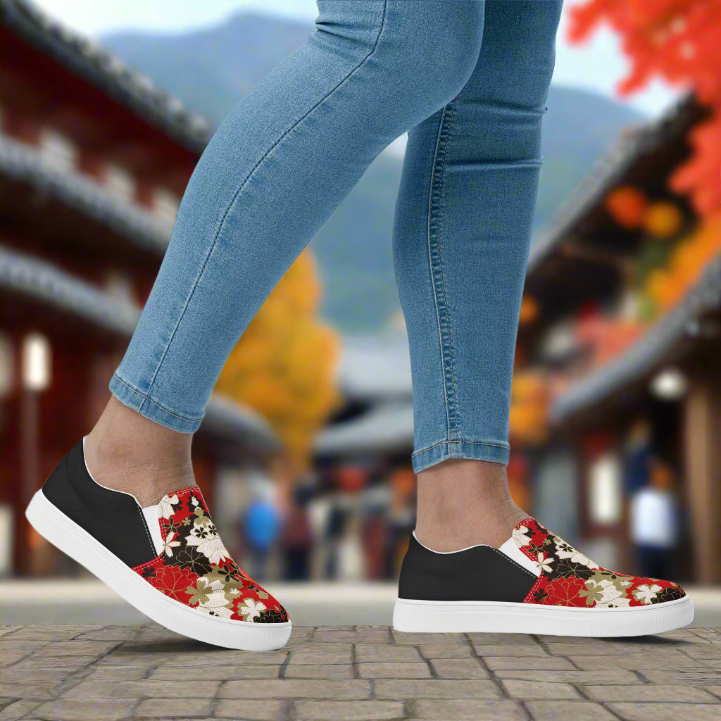 Black Lotus Halftone Slip-on Canvas Shoes featuring a floral design and comfortable fit