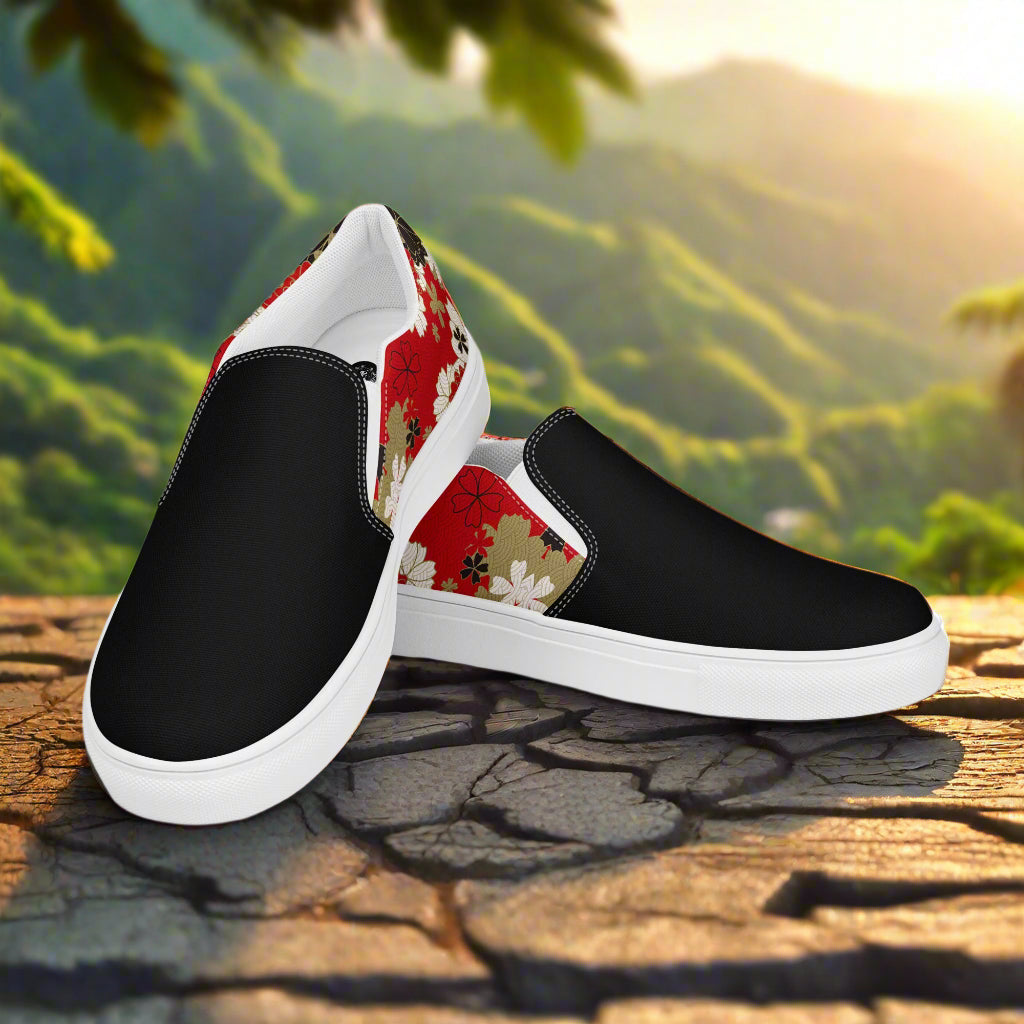 Black Lotus Two Tone Slip-on Canvas Shoes with Floral Design and Comfortable Fit