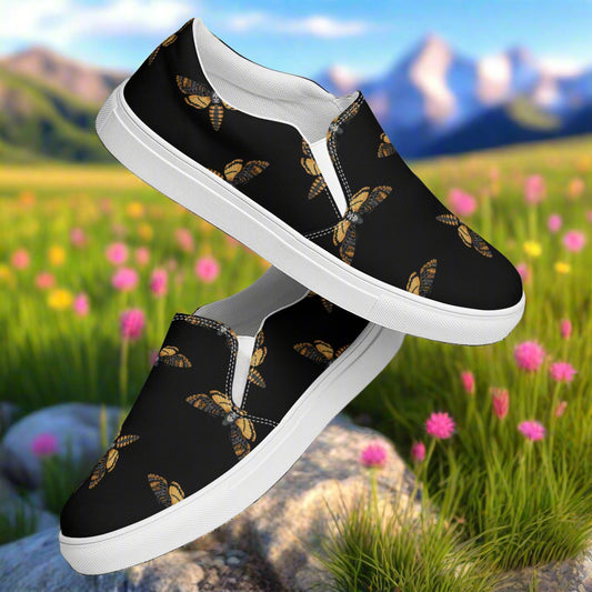 Black Moth Slip-on Canvas Shoes featuring a vibrant moth design perfect for casual wear