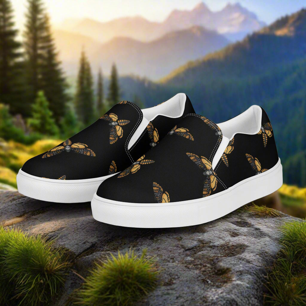 Black Moth Slip-on Canvas Shoes featuring a vibrant moth design for comfortable everyday wear
