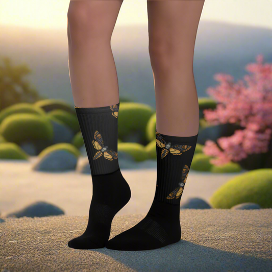 WildSage Market Black Moth Unisex Black Bottom Socks featuring a unique moth design and a comfortable fit