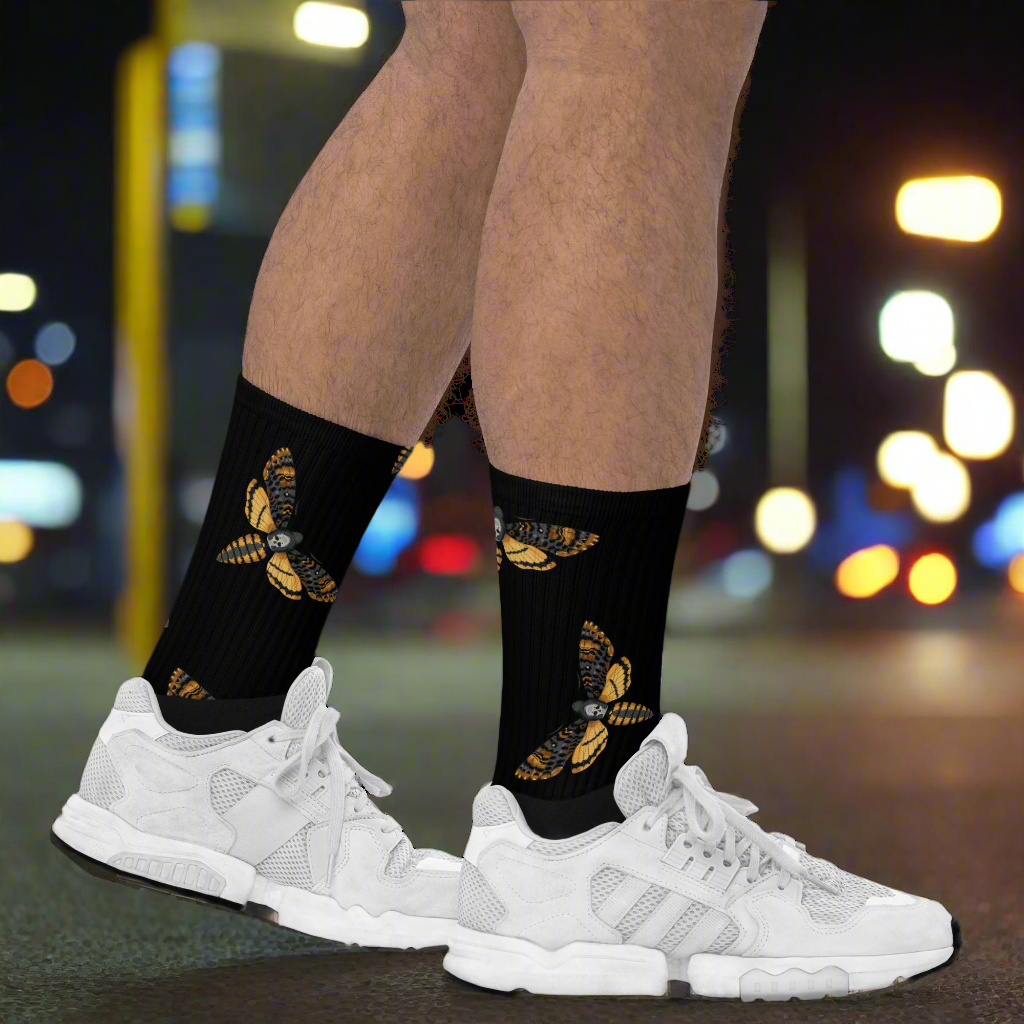 WildSage Market Black Moth Unisex Black Bottom Socks featuring unique moth design on a black background