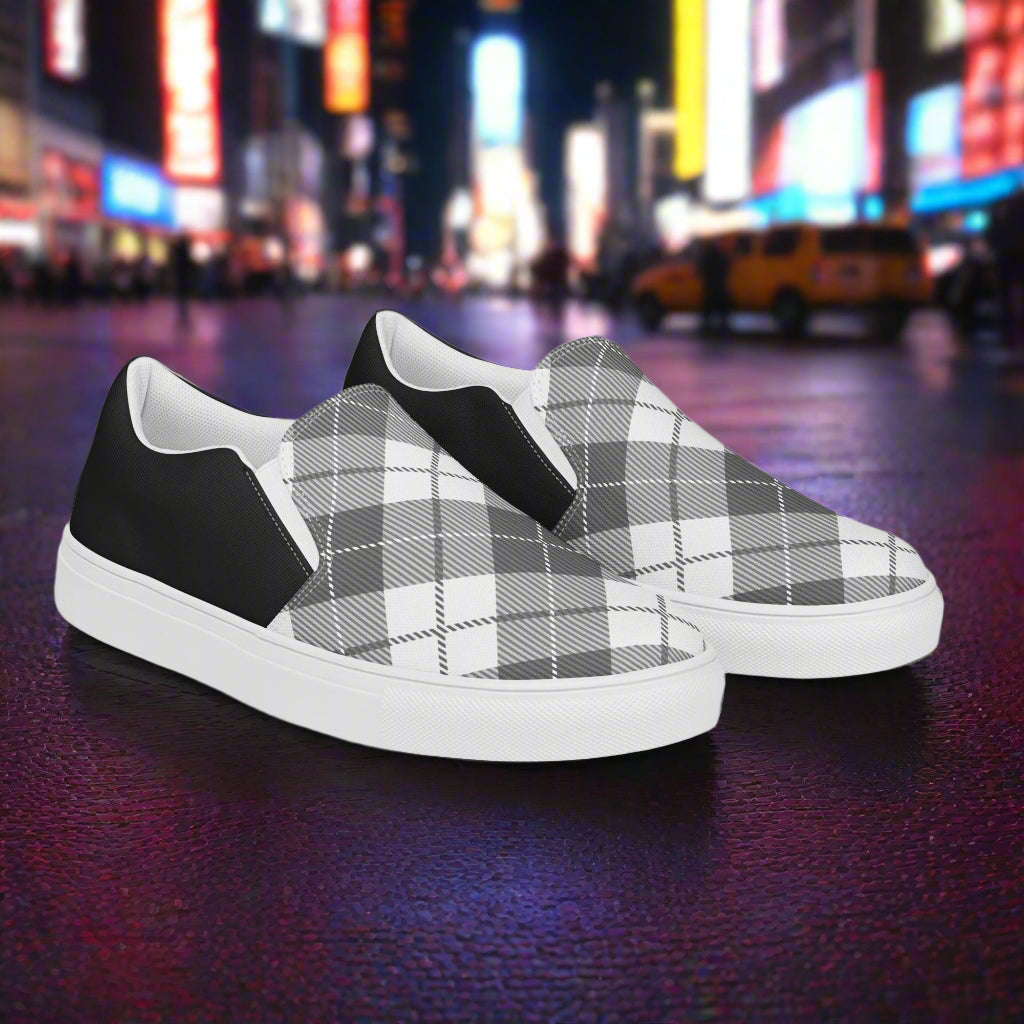 Black Plaid Halftone Slip-On Canvas Shoes with white sole and black heel by WildSage Market