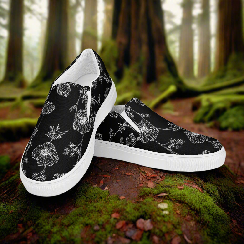 Black Poppy Slip-on Canvas Shoes featuring floral design ideal for casual wear