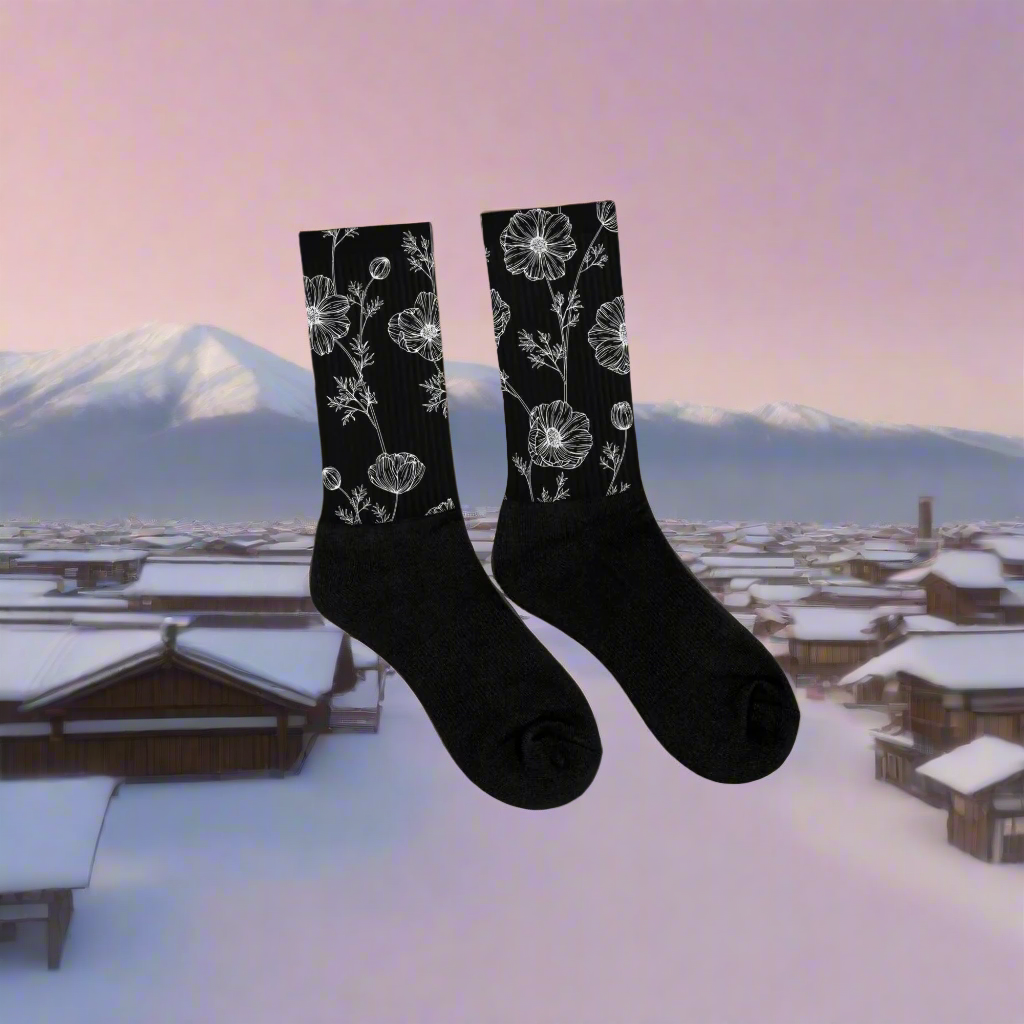 Black Poppy Socks featuring a floral design on a black background for stylish everyday wear