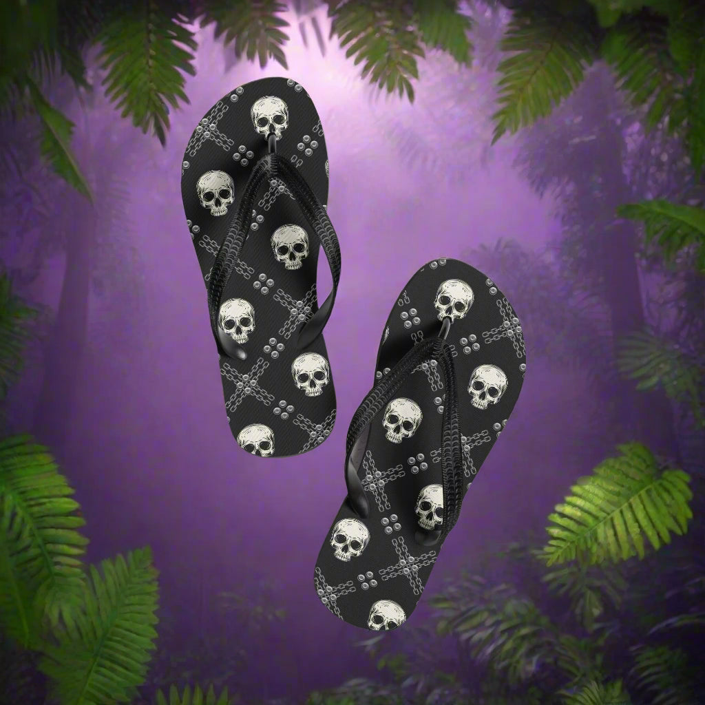 WildSage Market black skull print rave flip-flops with stylish skull design for summer festivals