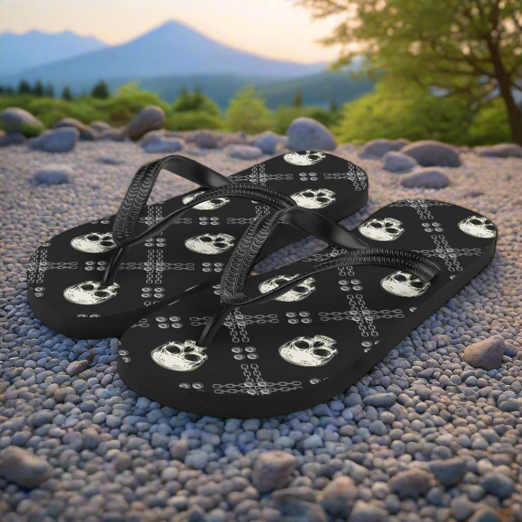 WildSage Market black skull print rave flip-flops featuring a fun and edgy design for summer events