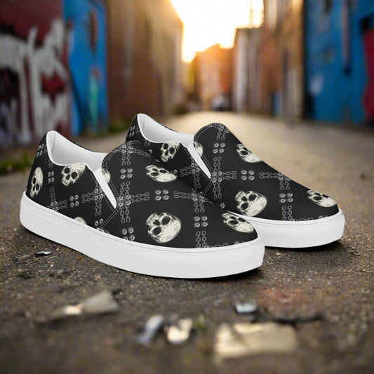 Black Skulls Slip-On Canvas Shoes with a Unique Skull Pattern for Stylish Comfort