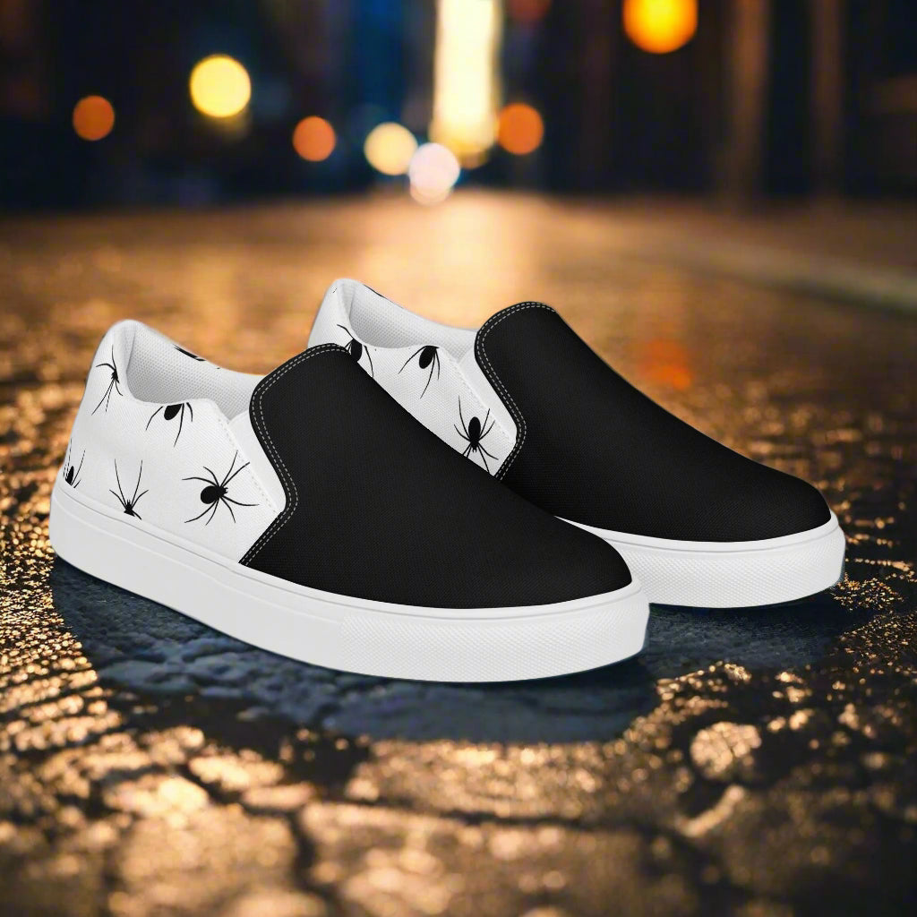 Black Spiders Two Tone Slip-On Canvas Shoes featuring a sleek design with spider graphics