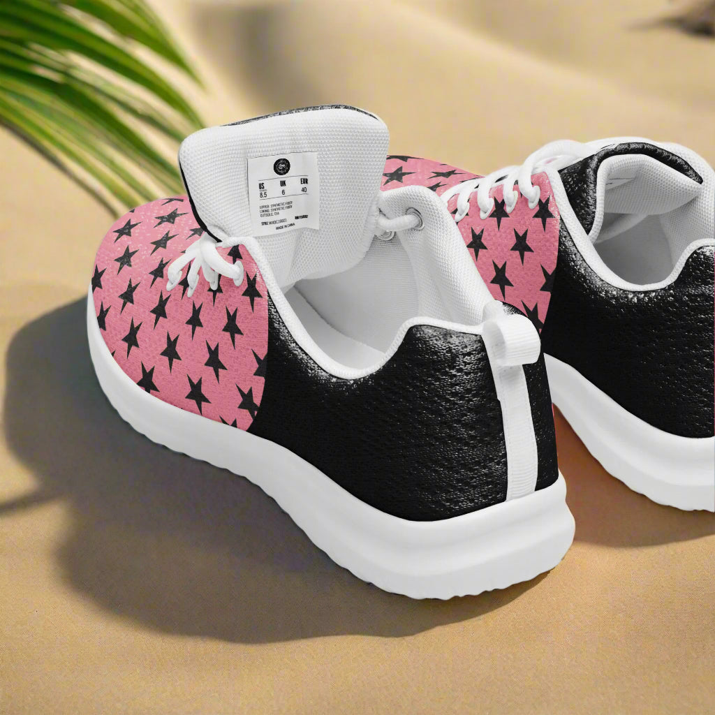 Black Stars Pink Halftone Womens Athletic Shoes with white soles and laces by WildSage Market