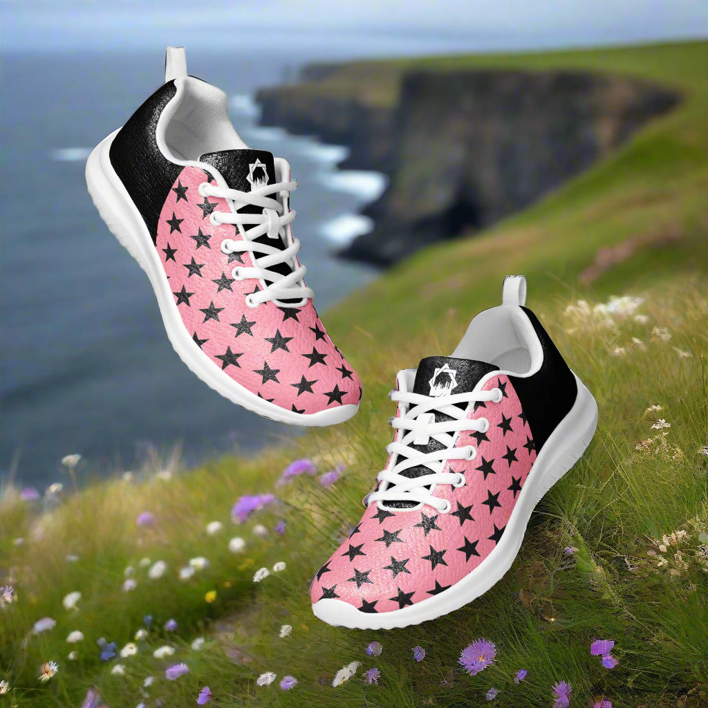 Black Stars Pink Halftone Womens Athletic Shoes by WildSage Market with white soles and laces