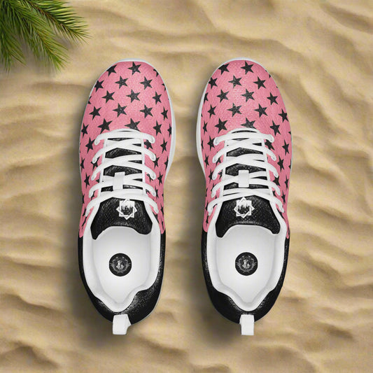 Black Stars Pink Halftone Womens Athletic Shoes by WildSage Market displayed on sandy background