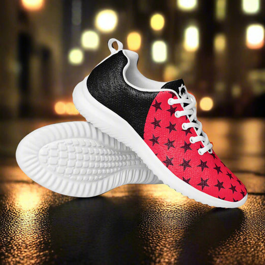 Black Stars Red Halftone Womens Athletic Shoes by WildSage Market with white soles and laces