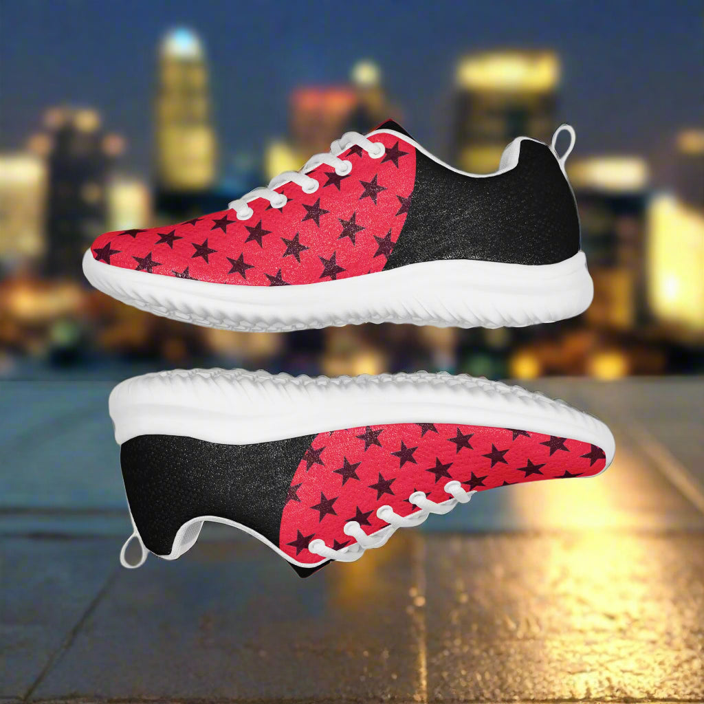 WildSage Market Black Stars Red Halftone Womens Athletic Shoes with white soles and laces