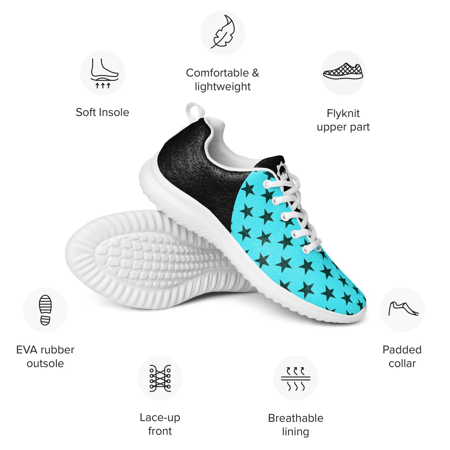 Black Stars Teal Womens Athletic Shoes by WildSage Market with Flyknit upper and soft insole