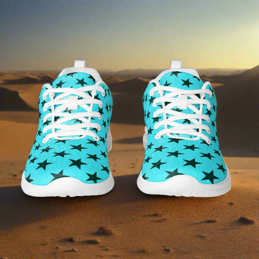 WildSage Market Black Stars Teal Womens Athletic Shoes with white laces on desert background