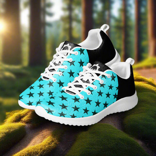 Black Stars Teal Womens Athletic Shoes by WildSage Market with white soles and laces in outdoor forest setting