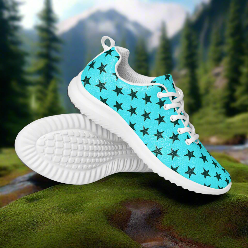WildSage Market Black Stars Teal Womens Athletic Shoes with white soles and laces outdoors