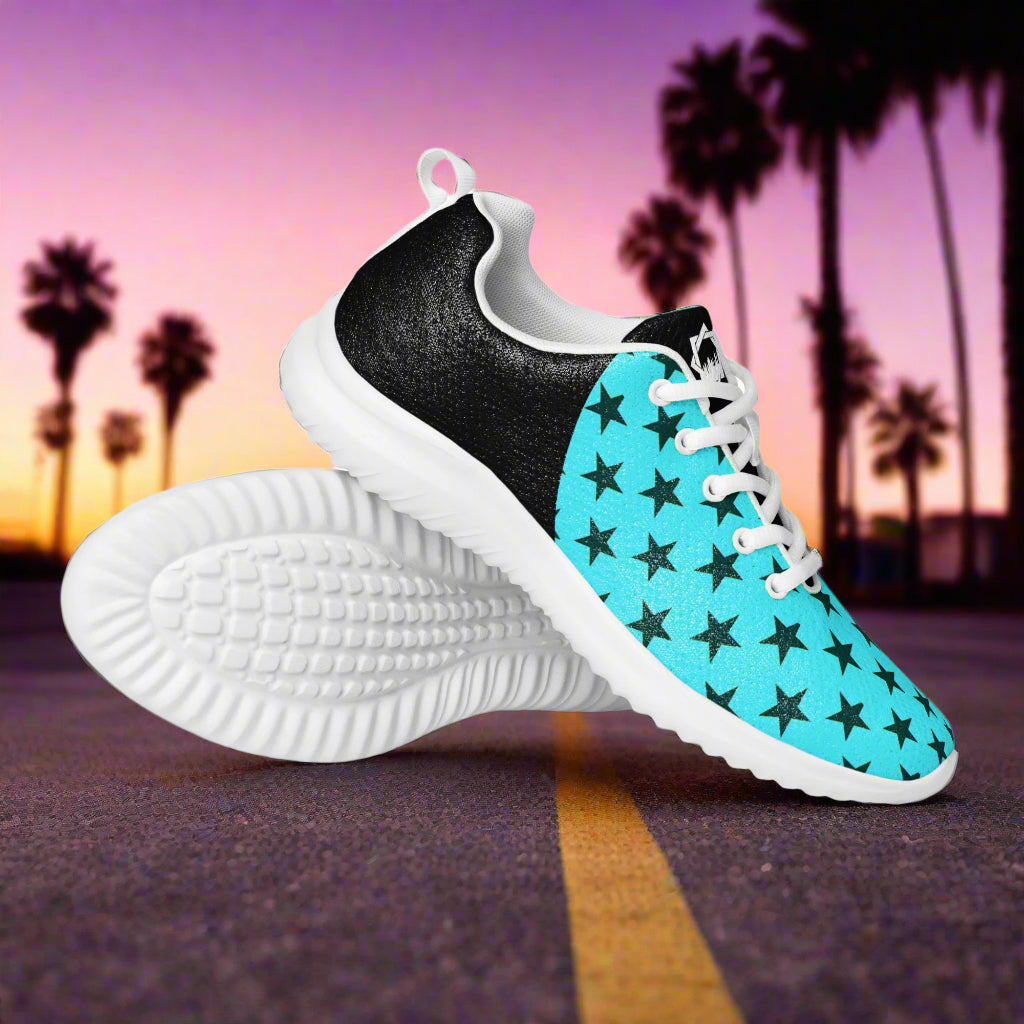 Black Stars Teal Womens Athletic Shoes by WildSage Market with star pattern and white soles