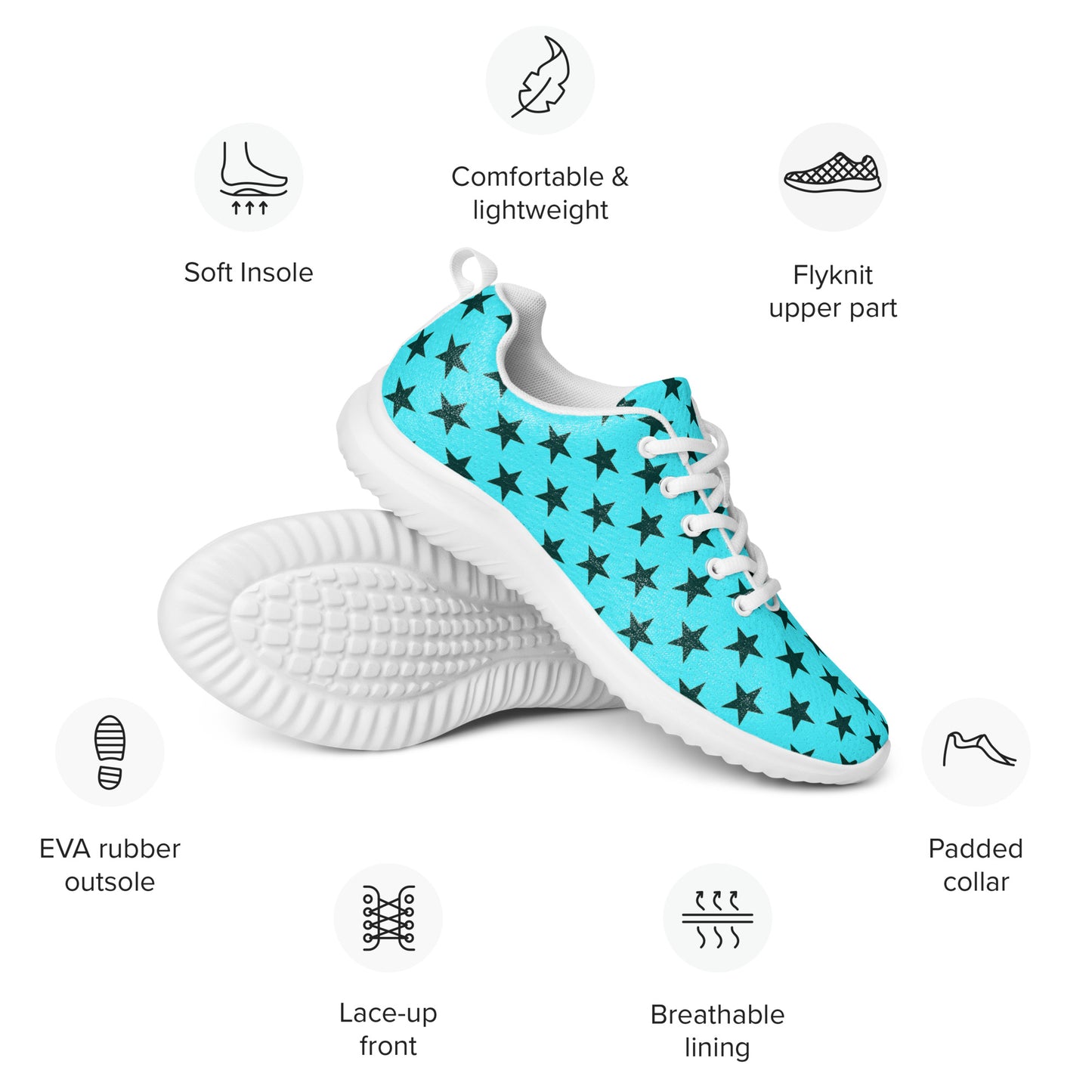 Black Stars Teal Womens Athletic Shoes by WildSage Market with soft insole and breathable lining