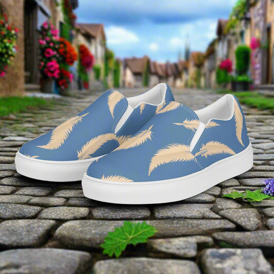 Blue Feather Slip-on Canvas Shoes with a stylish feather design for casual wear