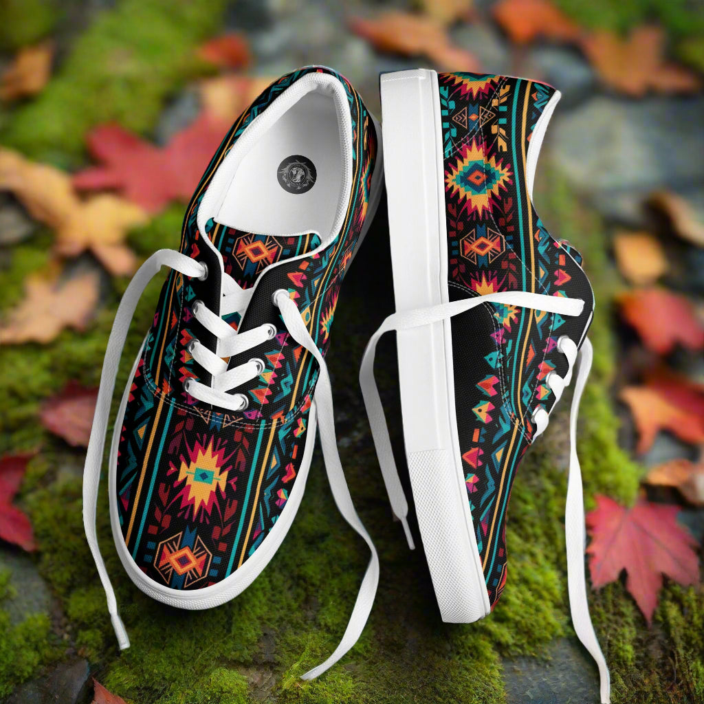 Southwest patterned Lace-up Canvas Shoes by WildSage Market in black with colorful geometric print and white soles