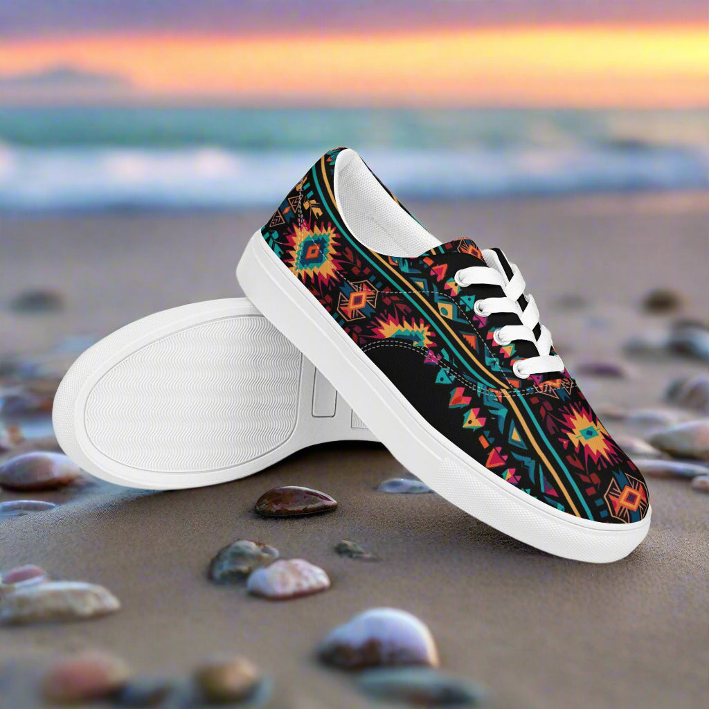 WildSage Market Southwest patterned Lace-up Canvas Shoes colorful tribal print low top with white sole
