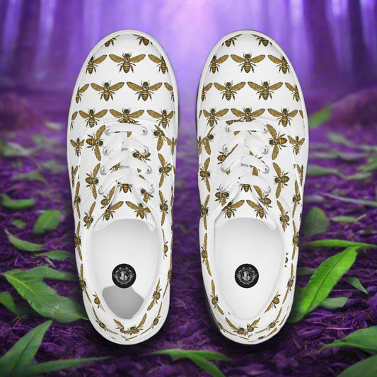 WildSage Market lace up bee pattern canvas shoes with white base and bee print design
