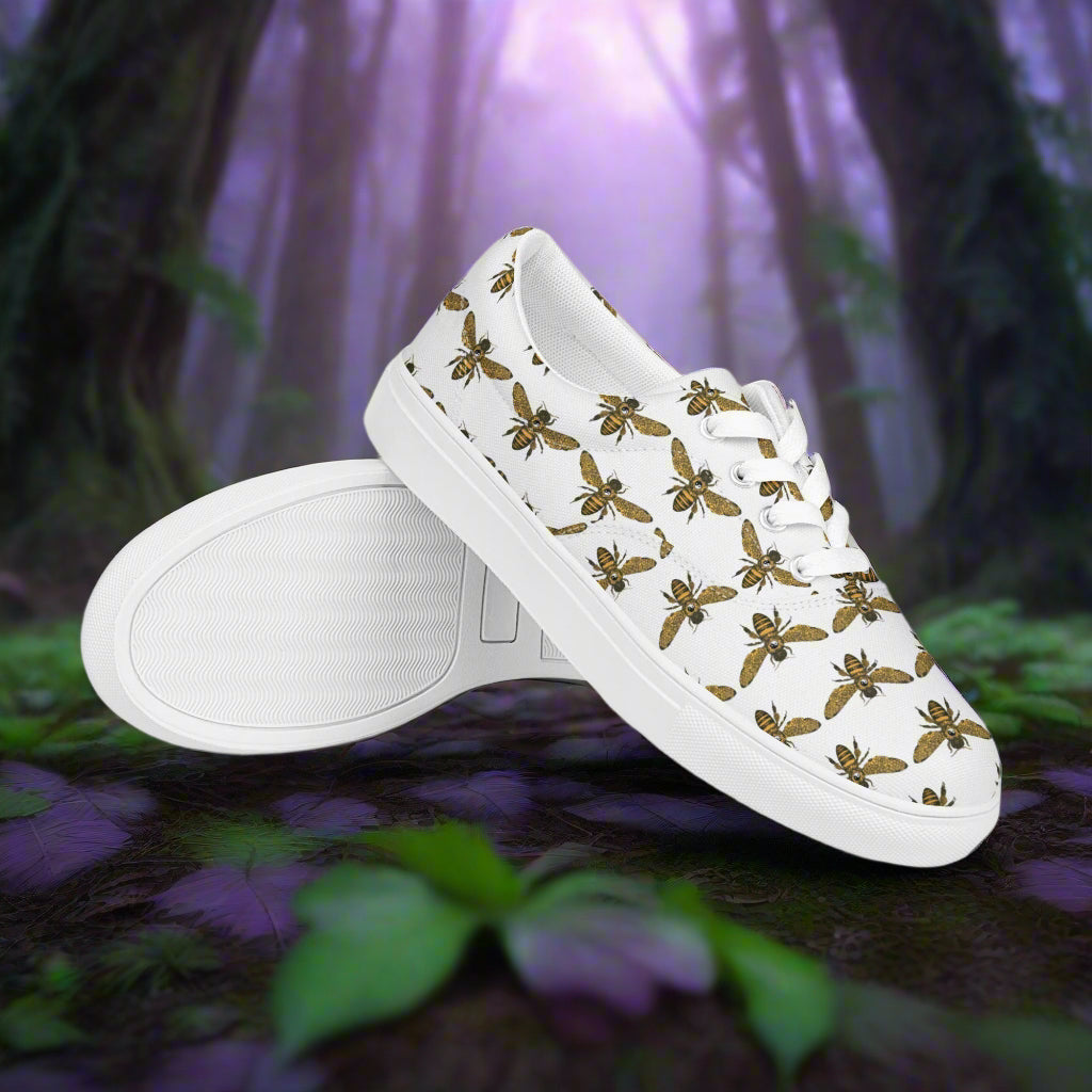 White lace up bee pattern canvas shoes with brown bee print and white laces by WildSage Market