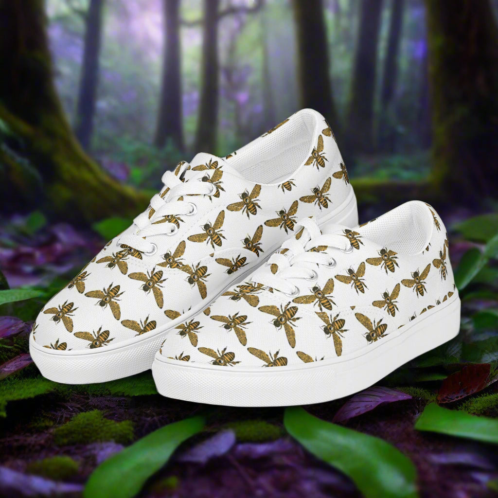 WildSage Market lace up bee pattern canvas shoes with white base and bee design perfect for casual wear