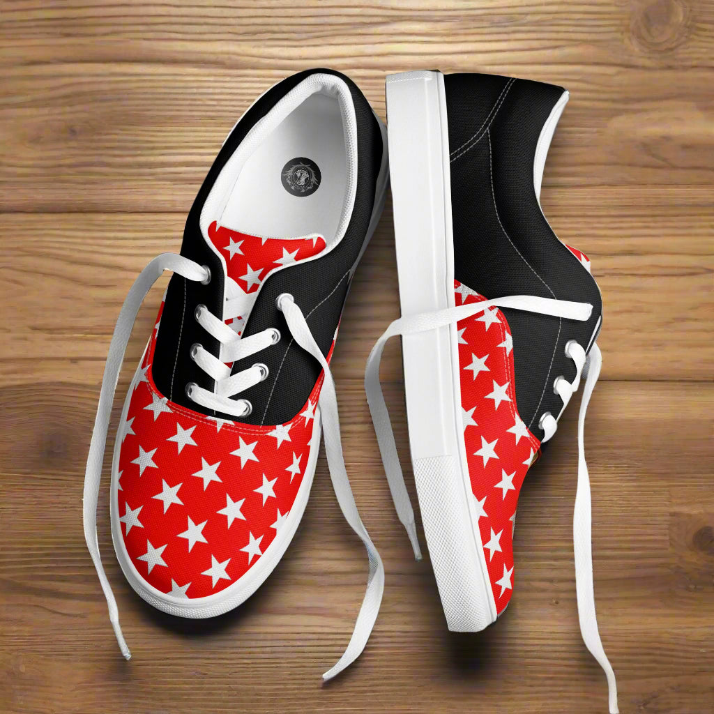 White Star Red Halftone Lace-up Canvas Shoes by WildSage Market with black and white accents on wooden background