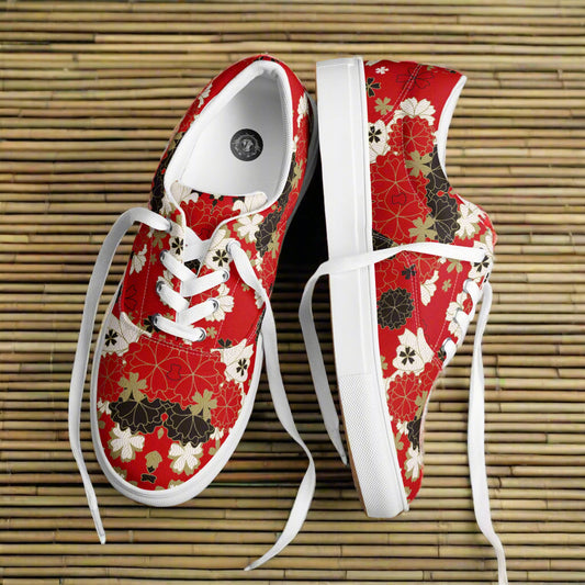 WildSage Market Custom Lace-up Canvas Shoes red floral pattern with white laces and white rubber sole for casual wear