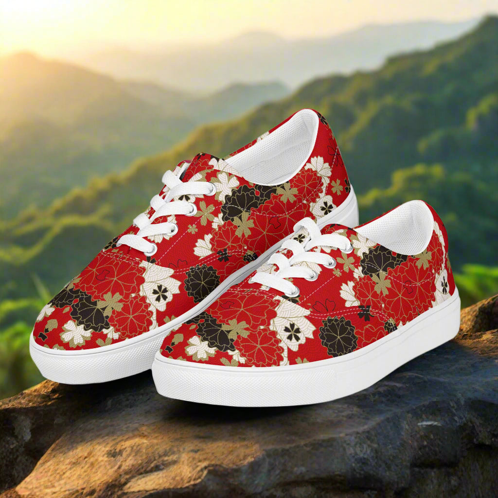 WildSage Market Custom Lace-up Canvas Shoes red floral pattern white laces and rubber sole