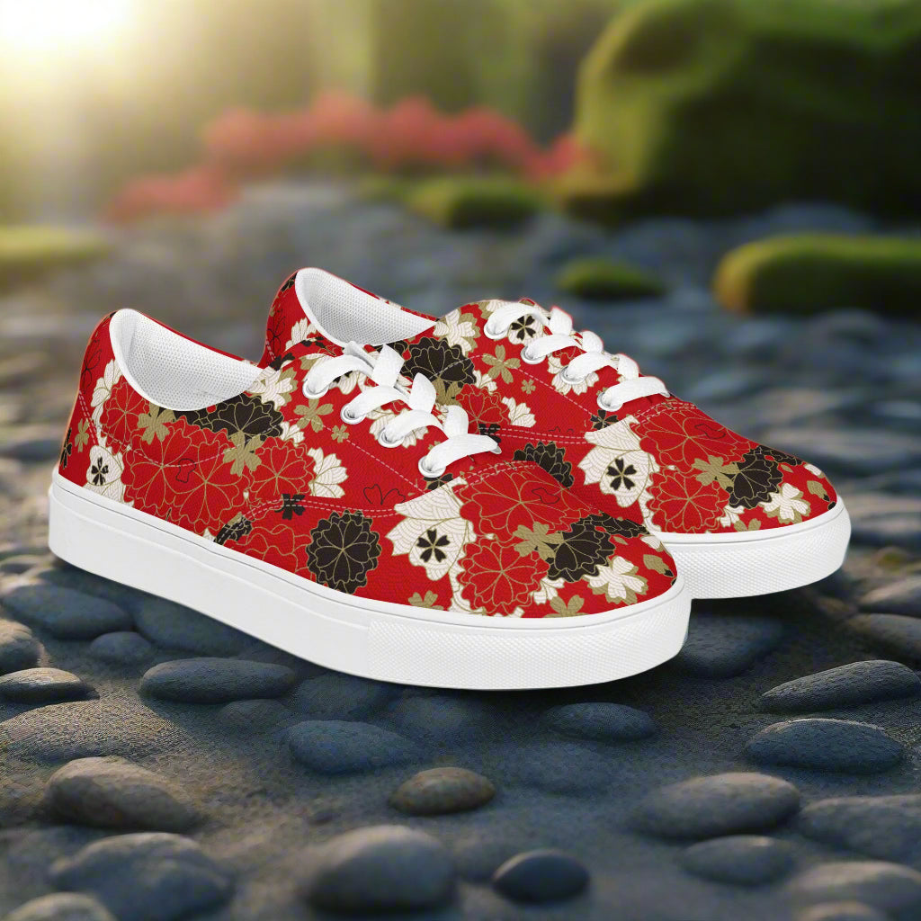 WildSage Market Custom Lace-up Canvas Shoes red floral low top sneakers with white laces and soles