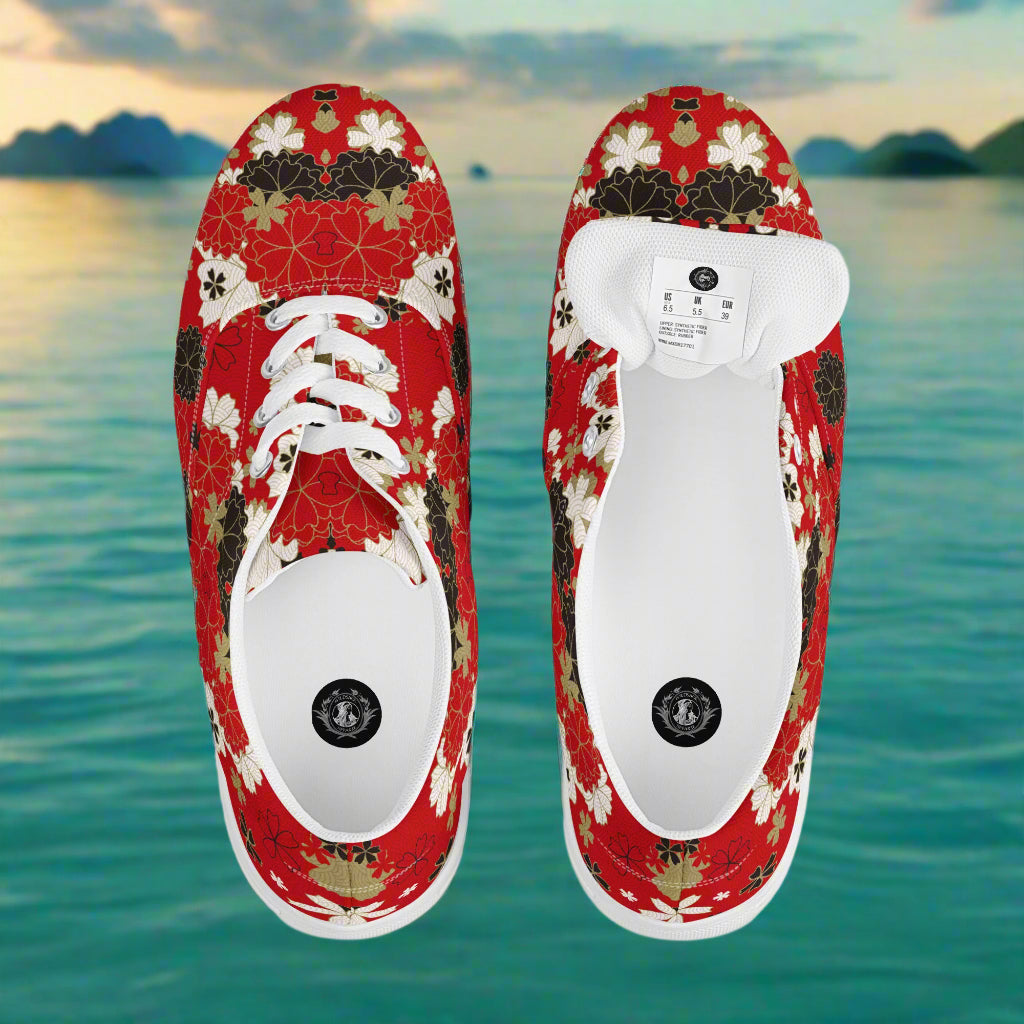 Custom Lace-up Canvas Shoes WildSage Market red floral print with white laces top view pair on water background