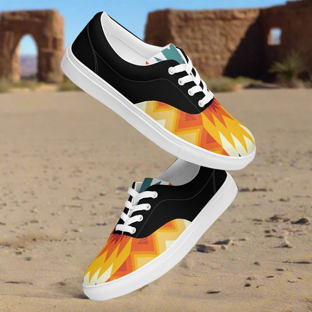 Custom Southwest Lace-up Canvas Shoes WildSage Market black heel white sole orange and yellow geometric pattern