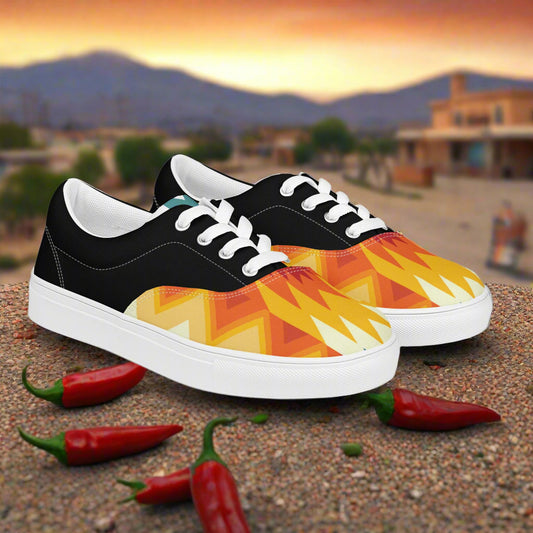 Custom Southwest Lace-up Canvas Shoes black canvas sneakers with orange yellow southwestern pattern and white laces